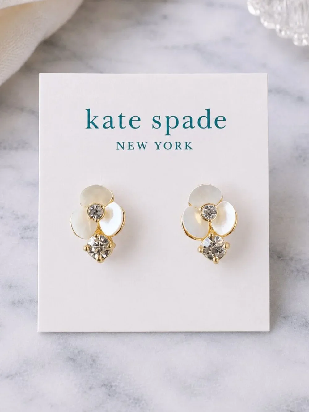 Kate Spade New York Gold Tone Mother of Pearl Flower Crystal Drop Stud Earrings